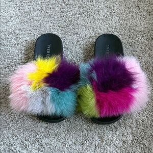 Colorful Fox Fur Slide Slippers - Multi